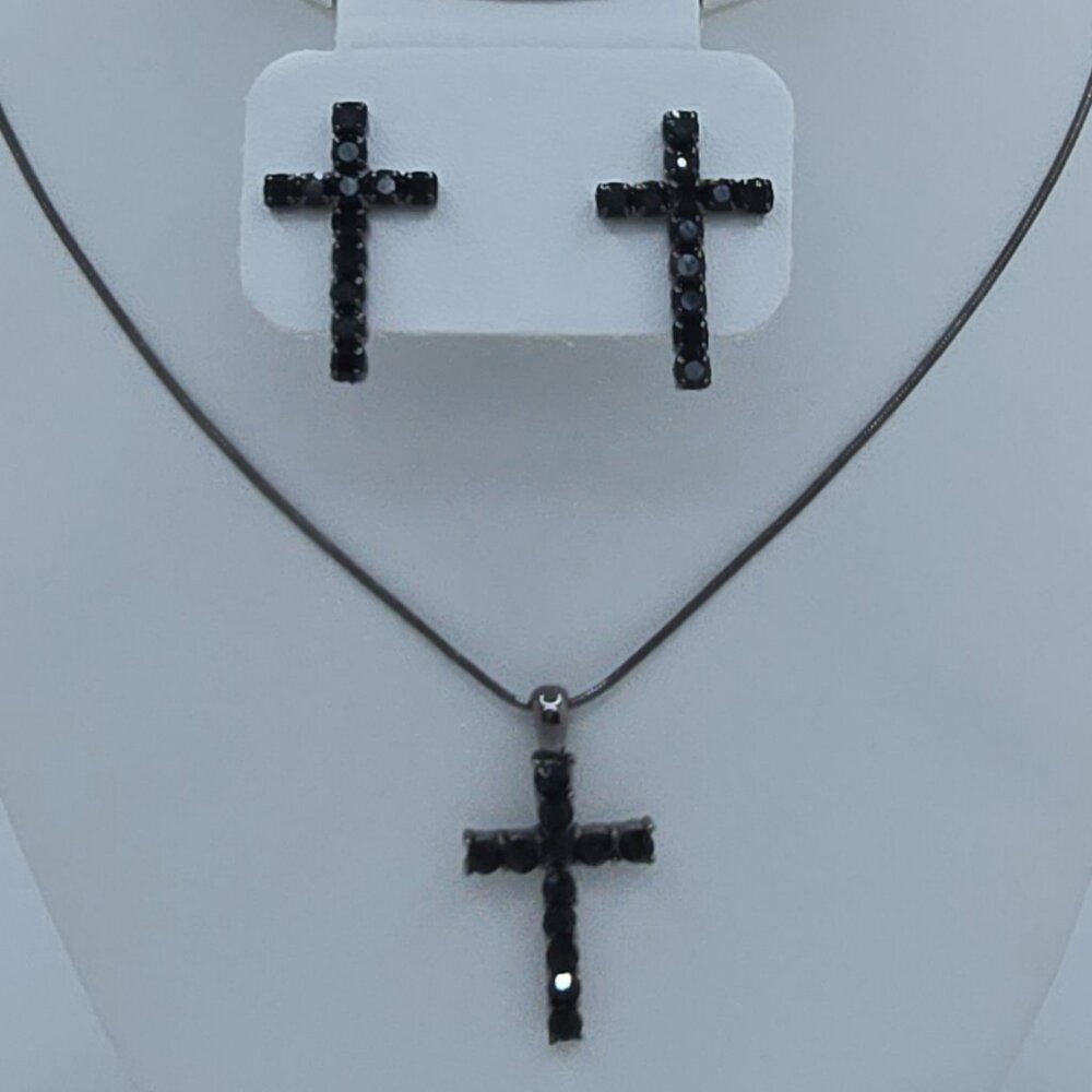 Black Onyx Crystal Cross Necklace and Earring Set - Gunmetal-tone Silver